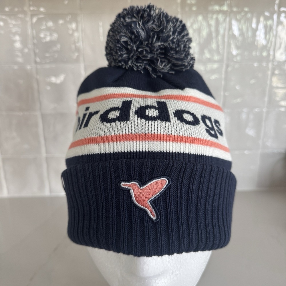 Birddogs Logo Knit Pom Beanie Hat Unisex OS Navy Blue Pink White Stripe